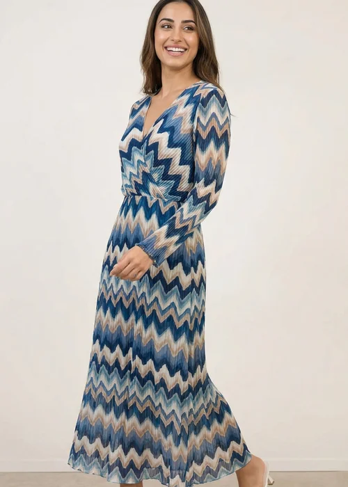 Blue Vanilla Blue Pleated Zig Zag Print Dress - L/XL Image 2