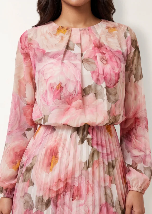 Blue Vanilla Pink Pleated Floral Dress