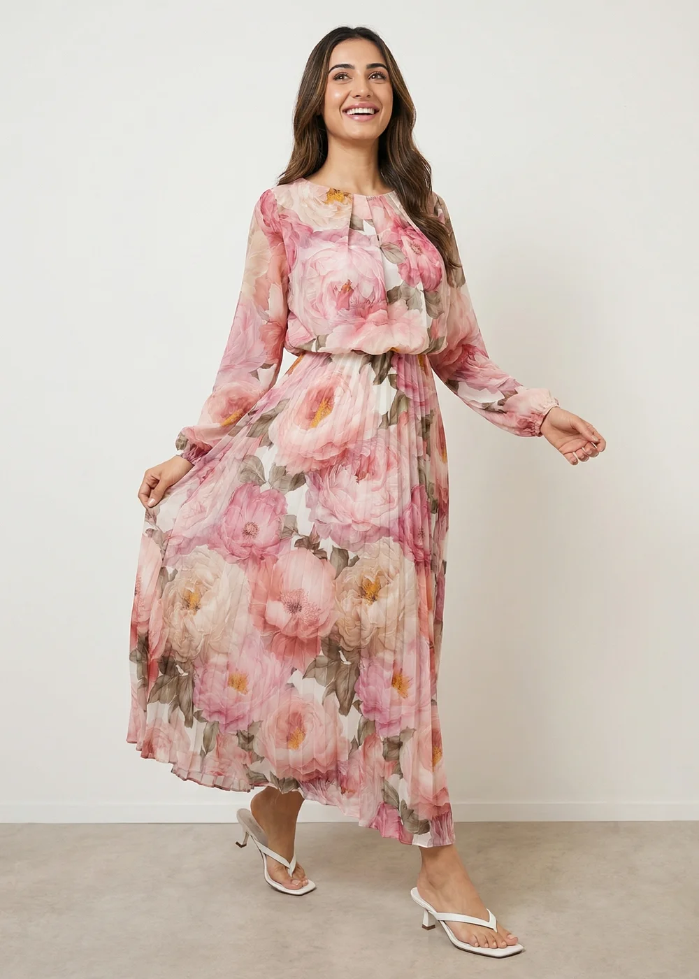 Blue Vanilla Pink Pleated Floral Dress - M Image 1