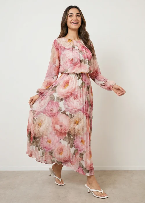 Blue Vanilla Pink Pleated Floral Dress - M Image 1