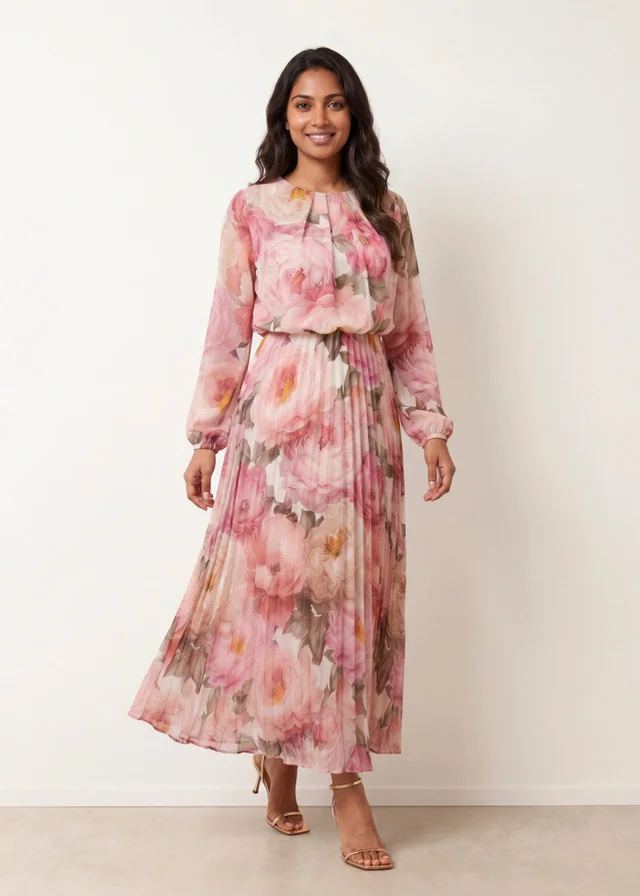Blue Vanilla Pink Pleated Floral Dress