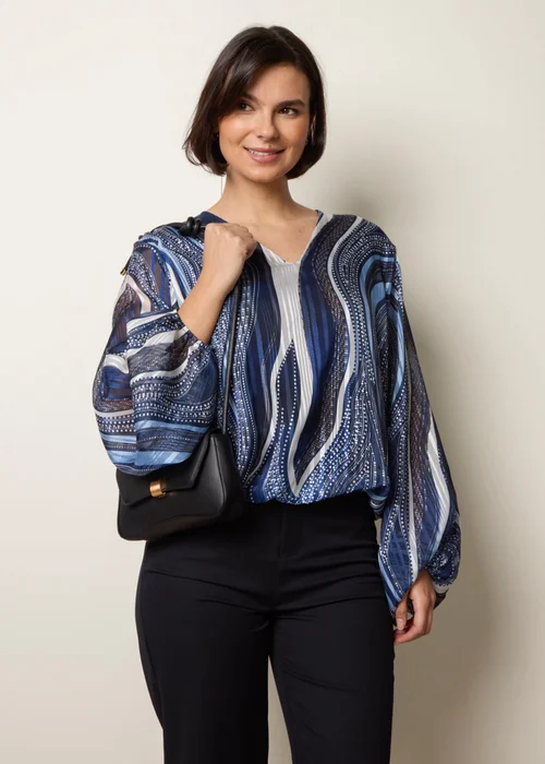 Blue Vanilla Navy Swirl And Dot Print V Neck Metallic Blouse - S/M Image 1