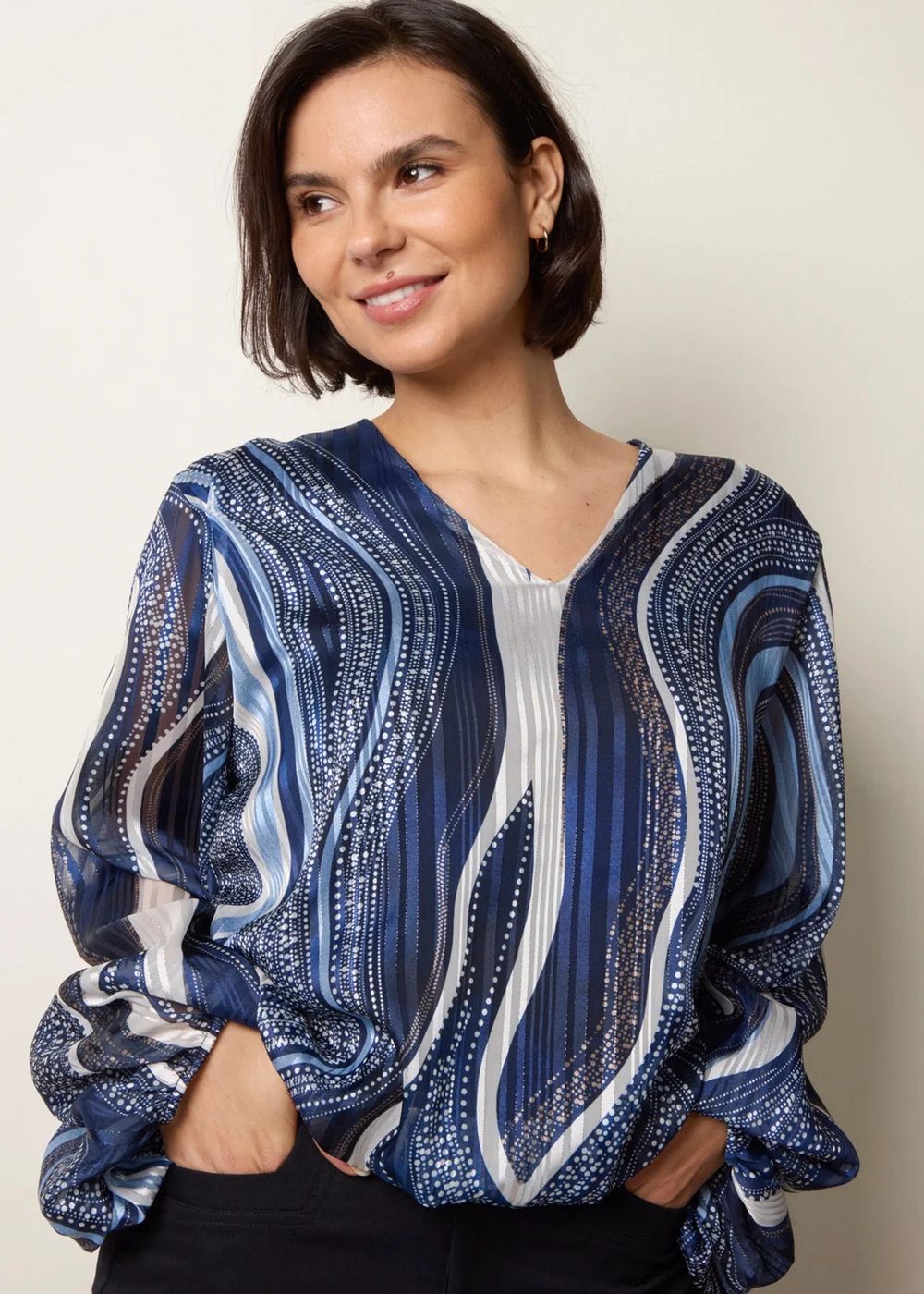 Blue Vanilla Navy Swirl And Dot Print V Neck Metallic Blouse - S/M Image 3
