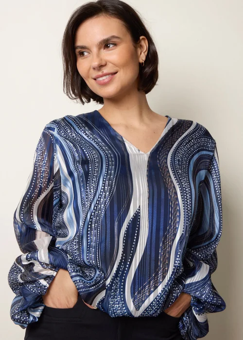 Blue Vanilla Navy Swirl And Dot Print V Neck Metallic Blouse - S/M Image 3