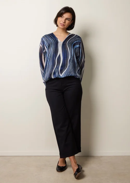 Blue Vanilla Navy Swirl And Dot Print V Neck Metallic Blouse - S/M Image 2