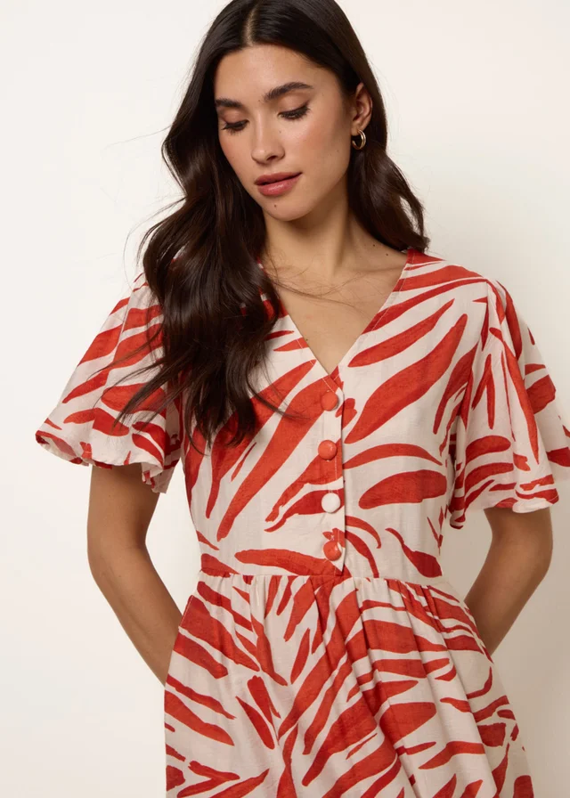 Blue Vanilla Orange Dress With Brushstroke Leaf Print