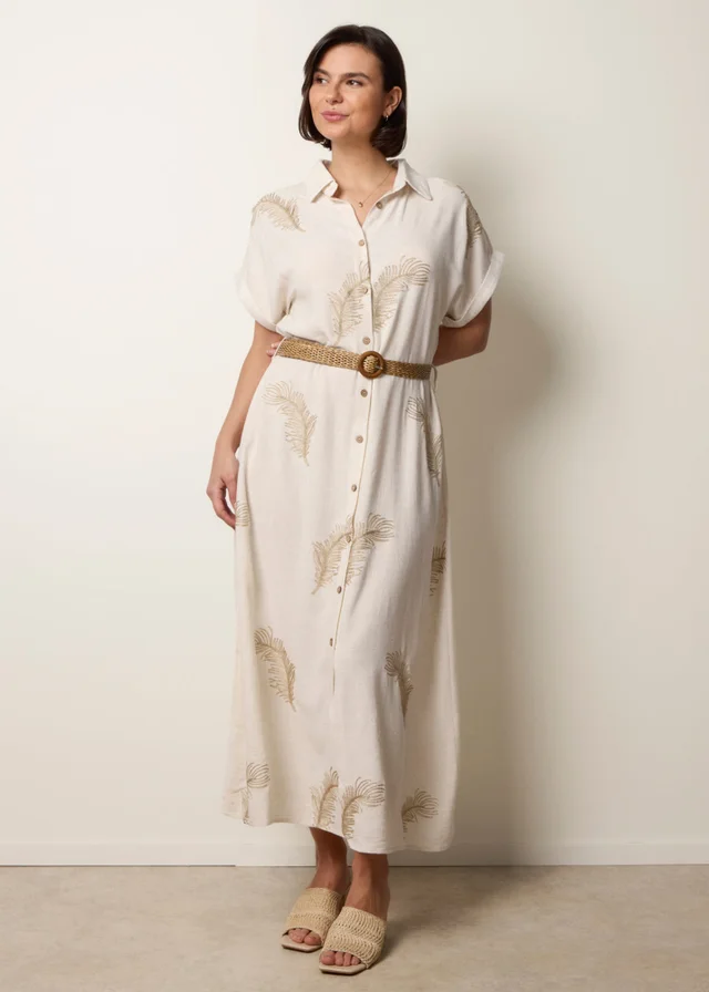 Blue Vanilla Cream Linen Belted Dress With Feather Embroidery