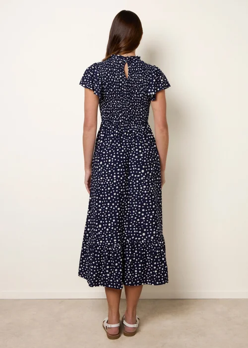 Blue Vanilla Navy Polka Dot Shirred Frill Neck Midi Dress - S Image 4