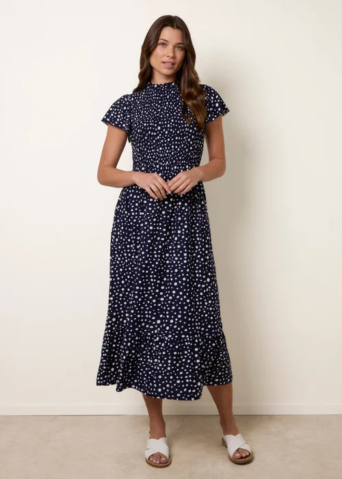 Blue Vanilla Navy Polka Dot Shirred Frill Neck Midi Dress - S Image 1