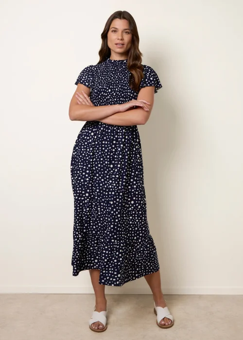 Blue Vanilla Navy Polka Dot Shirred Frill Neck Midi Dress - S Image 3