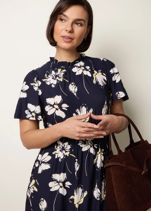 Blue Vanilla Navy Elasticated Frill High Neck Floral Mini Dress