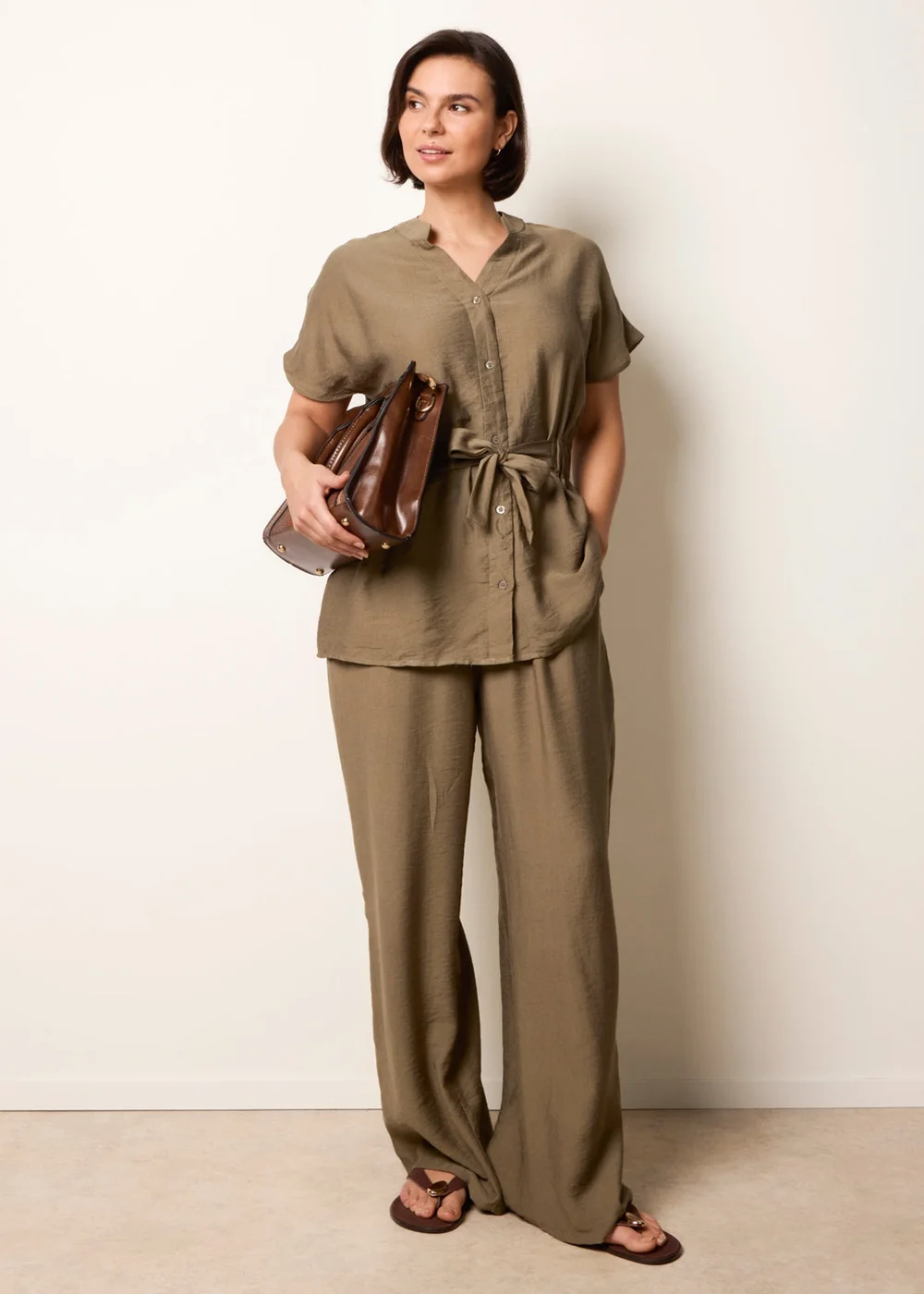 Blue Vanilla Khaki Two Piece Belted Co-Ord Set - M Image 1
