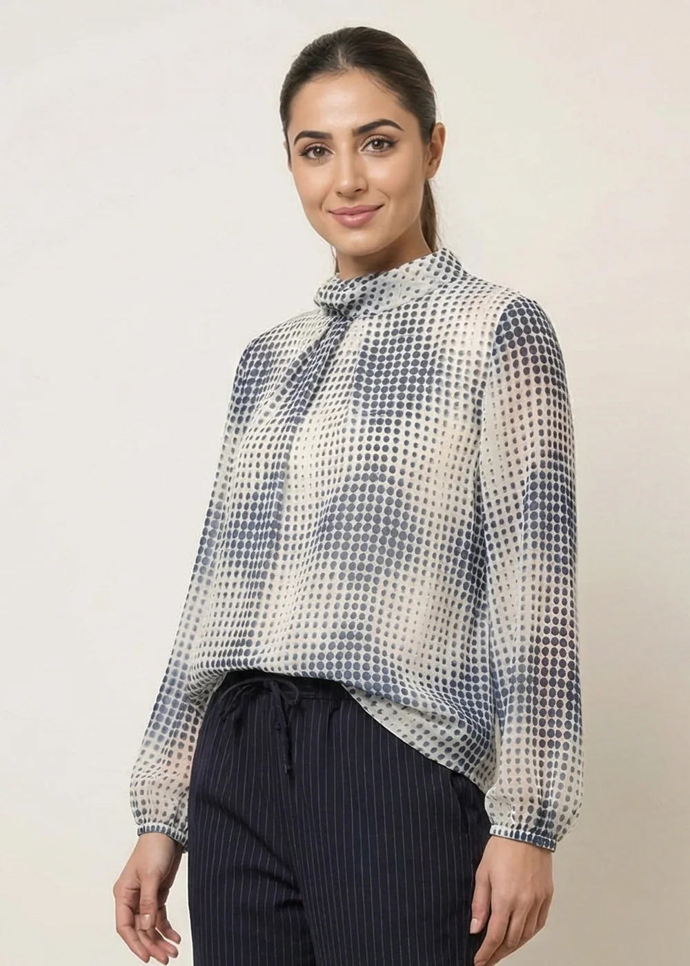 Blue Vanilla Blue Spot Print Puffball Cowl Neck Blouse - M/L Image 1