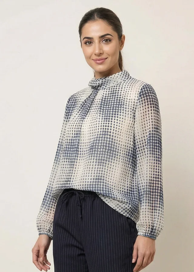 Blue Vanilla Blue Spot Print Puffball Cowl Neck Blouse