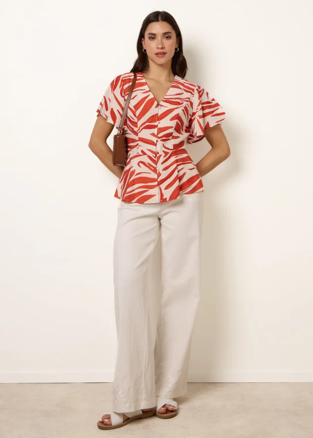 Blue Vanilla Orange Top With Brushstroke Leaf Print