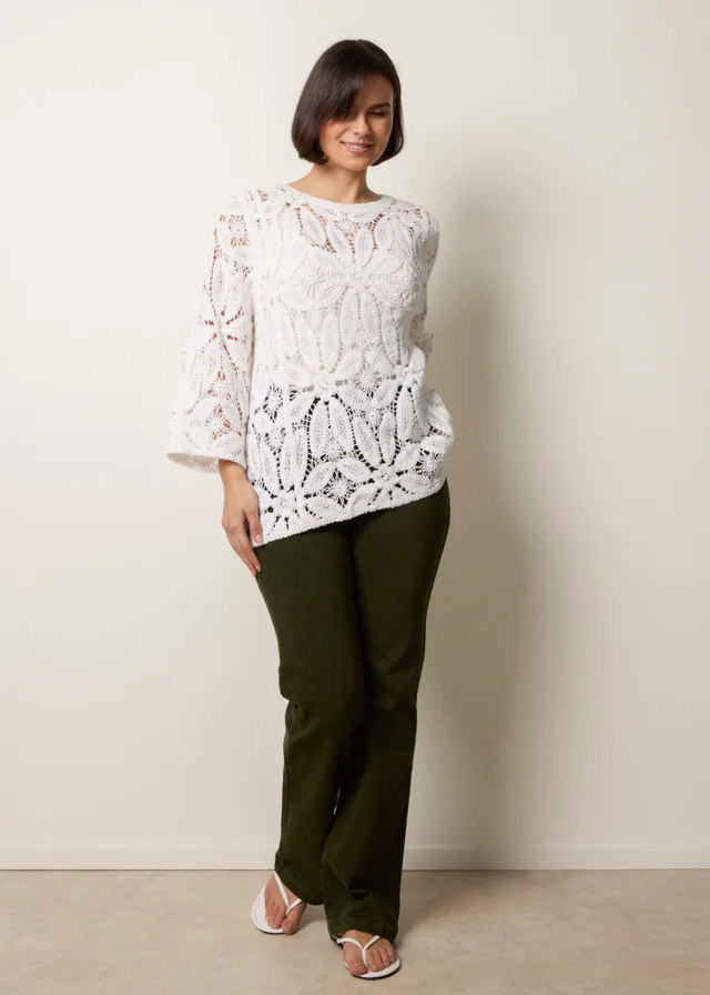 Blue Vanilla Ivory Flower Crochet Long Sleeve Top