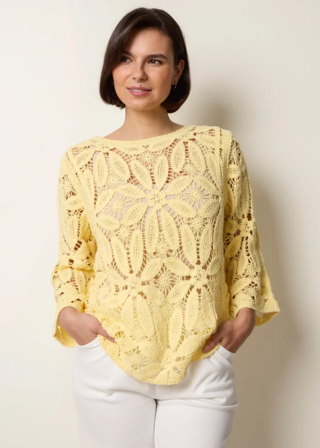 Blue Vanilla Yellow Flower Crochet Long Sleeve Top