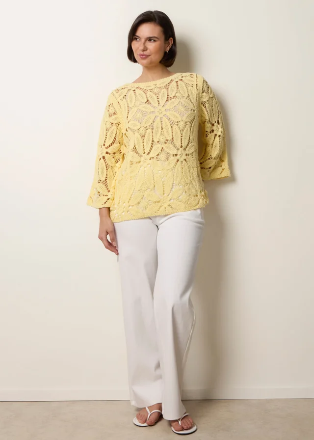 Blue Vanilla Yellow Flower Crochet Long Sleeve Top