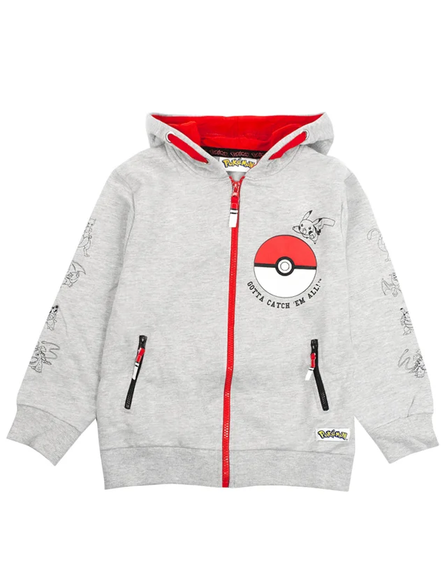 Pokemon Boys Grey Pokeball Pikachu Characters Print Hoodie (5-14 Years)