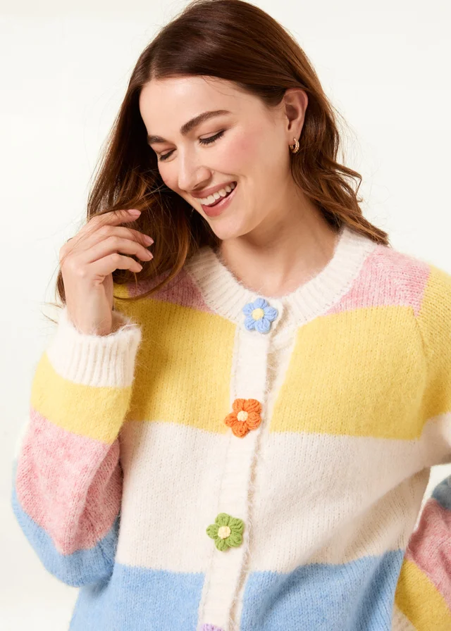 Blue Vanilla Yellow Multi Coloured Striped Cardigan With Flower Buttons