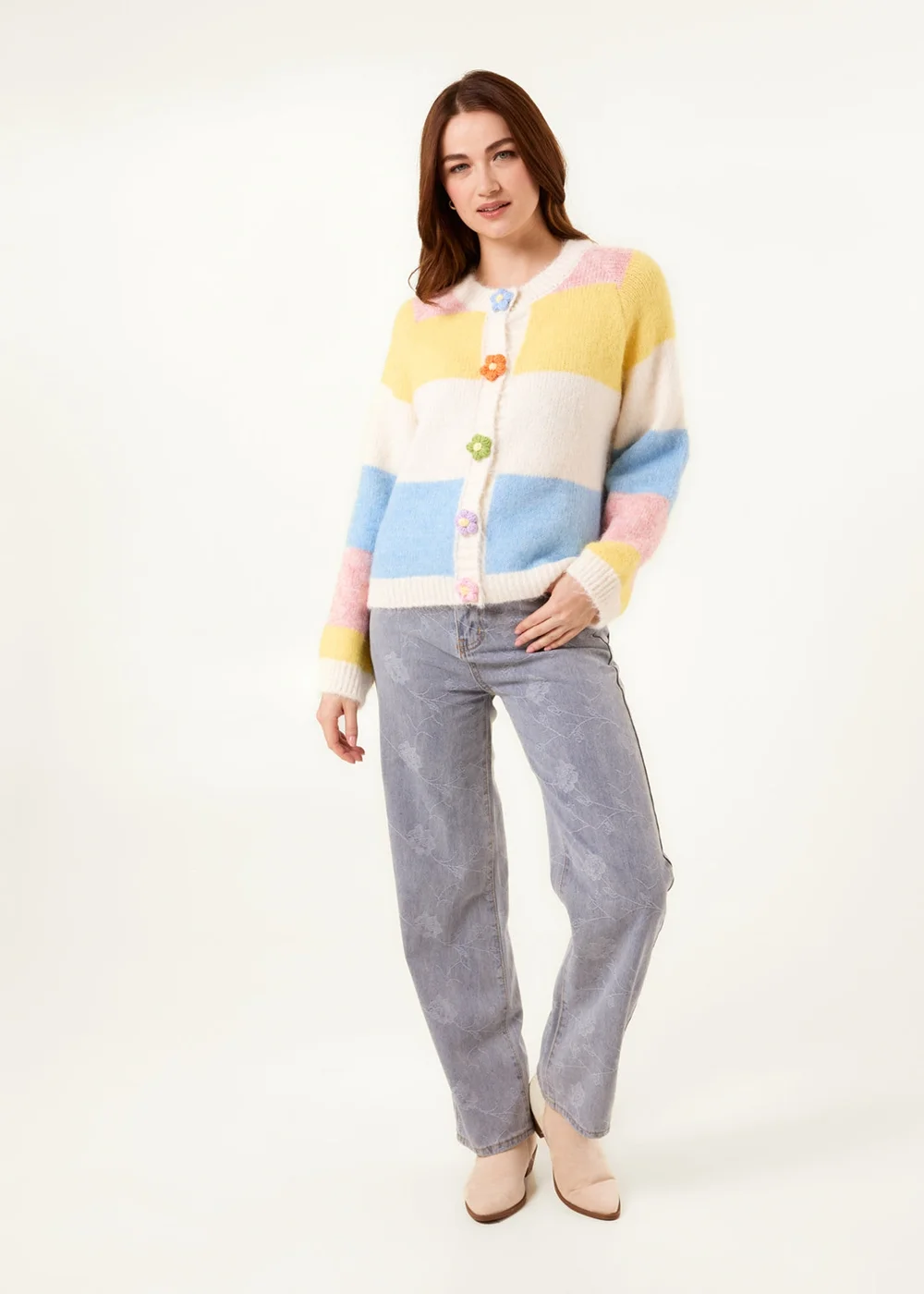 Blue Vanilla Yellow Multi Coloured Striped Cardigan With Flower Buttons - M/L Image 3