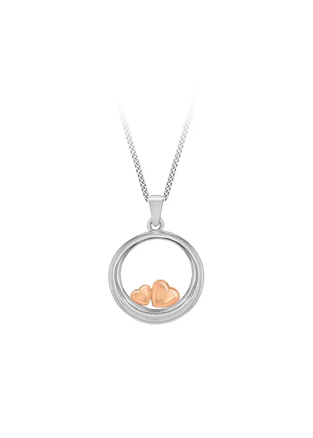 Golden Moments Sterling Silver White Circle & Rose Gold Hearts Pendant On Chain