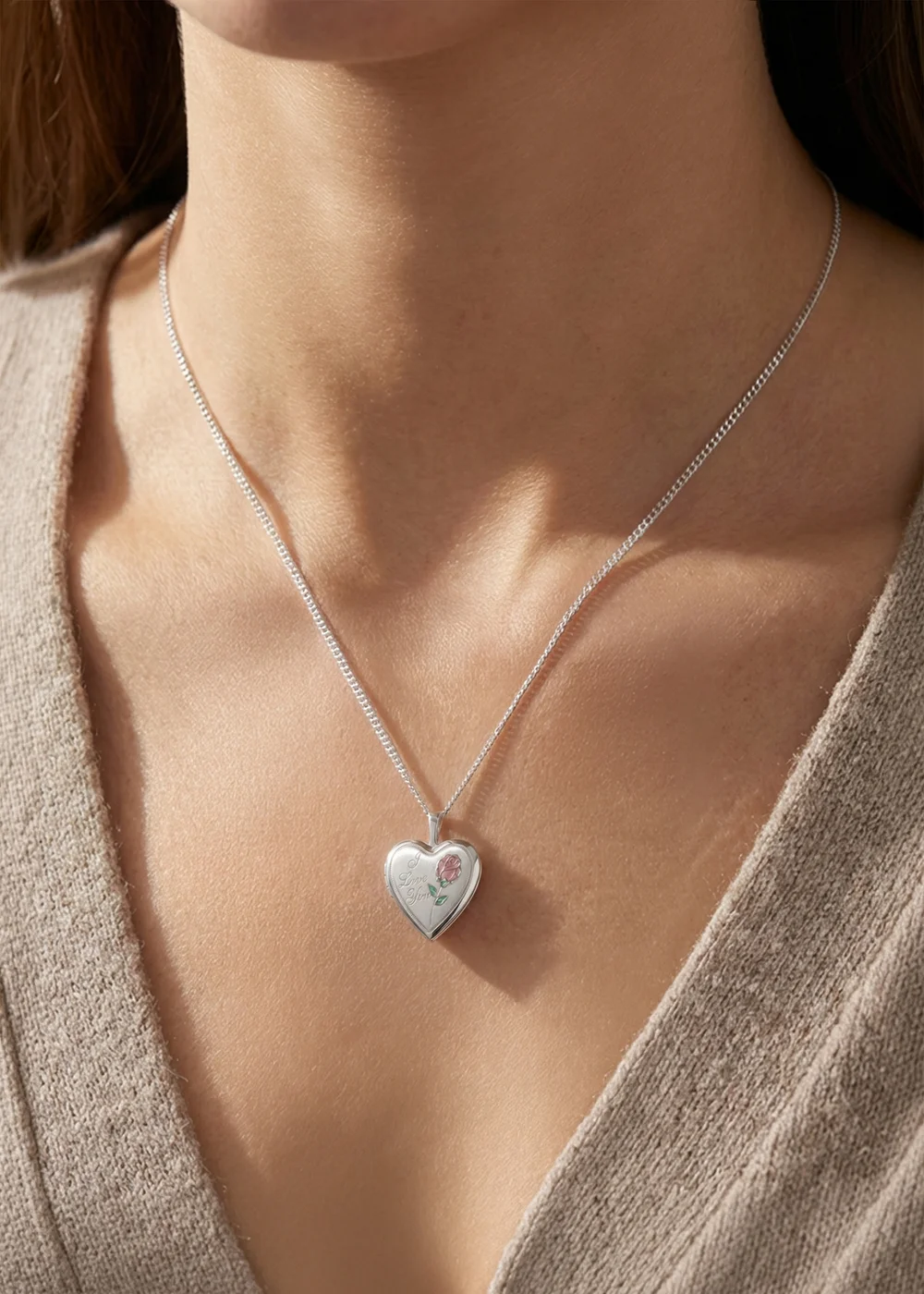 Golden Moments Sterling Silver Etched 'I Love You' Rose Heart Locket On Chain - One Size Image 3