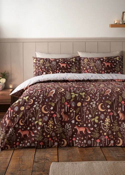 Catherine Lansfield Enchanted Twilight Animals Reversible Duvet Cover Set Chocolate - Single Image 1