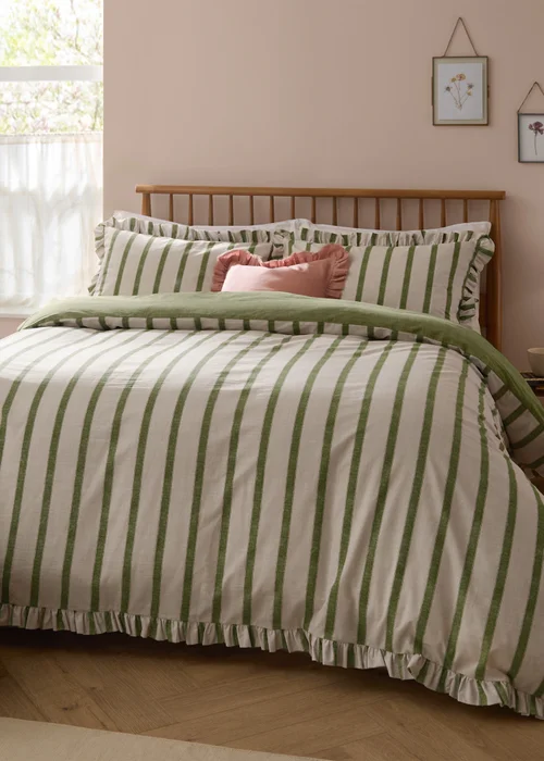 Wylder Connie Striped Ruffle Olive Duvet Set - Single Image 1