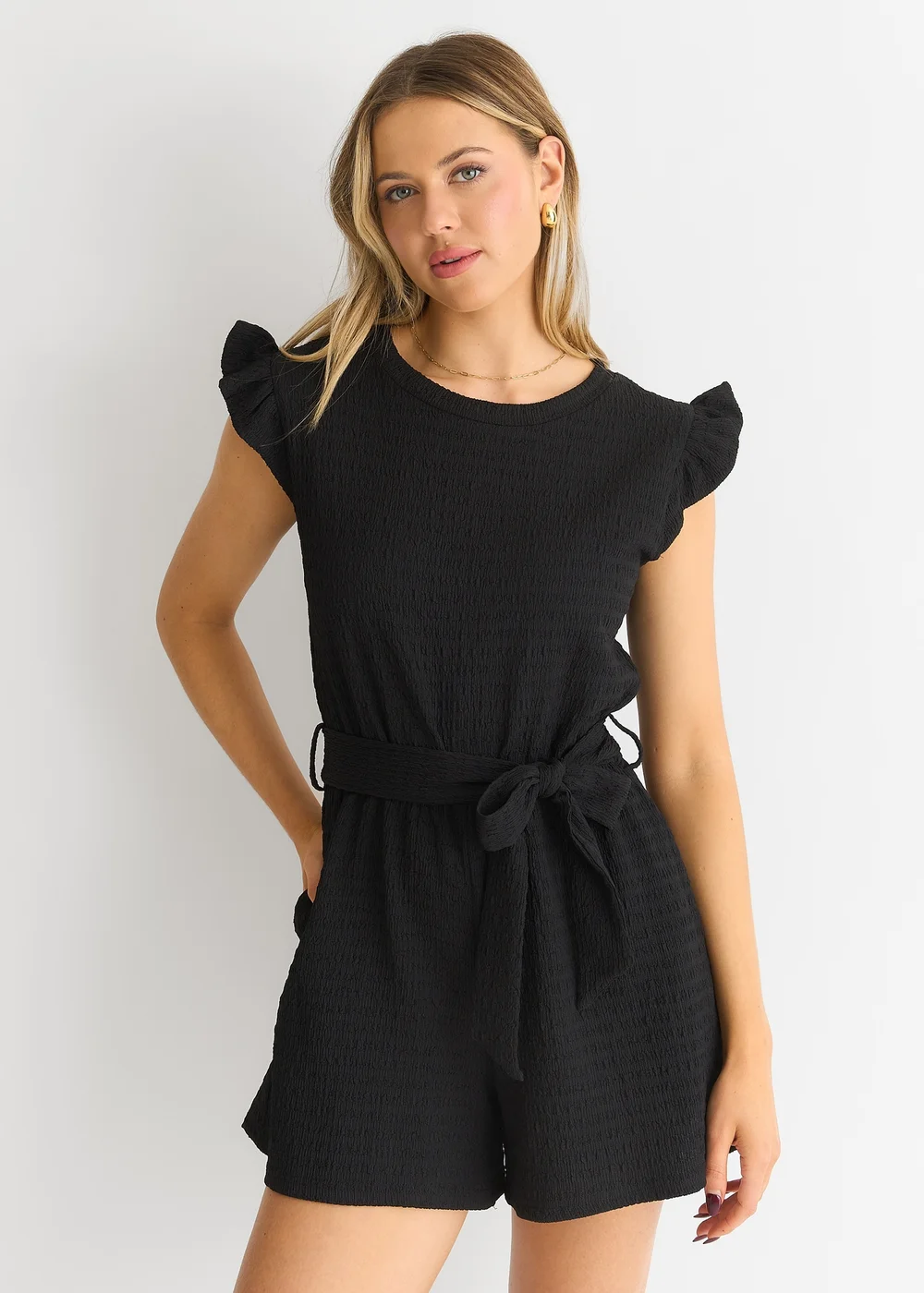 Gini London Black Stretch Texture Frill Elasticated Waist Playsuit - S/M Image 3