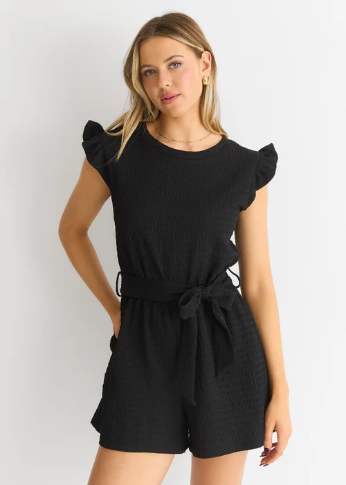 Gini London Black Stretch Texture Frill Elasticated Waist Playsuit - S/M Image 3