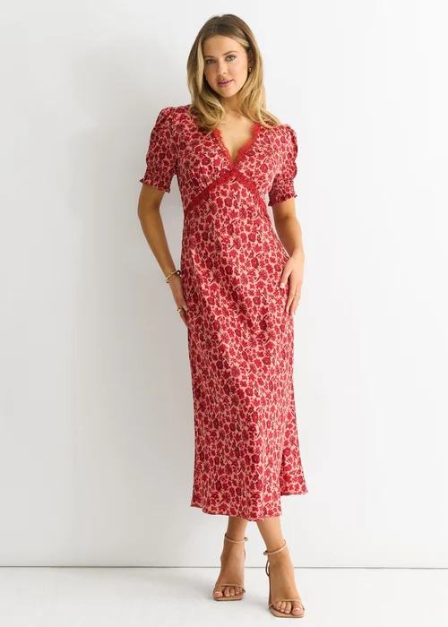 Gini London Red Floral Lace Trim V Neck Midi Dress - 8 Image 1