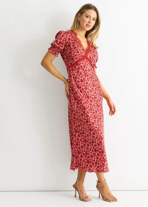 Gini London Red Floral Lace Trim V Neck Midi Dress - 8 Image 4