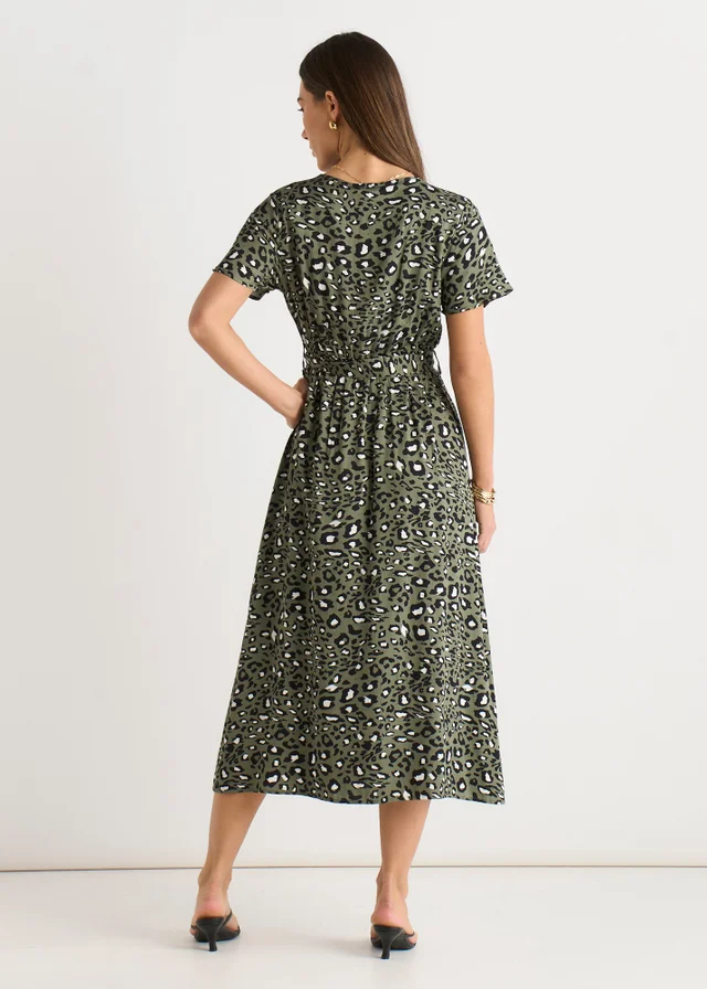 Gini London Khaki Short Sleeve Animal Print Wrap Front Midi Dress