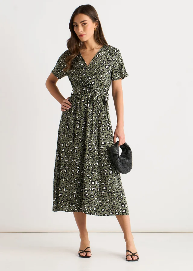 Gini London Khaki Short Sleeve Animal Print Wrap Front Midi Dress