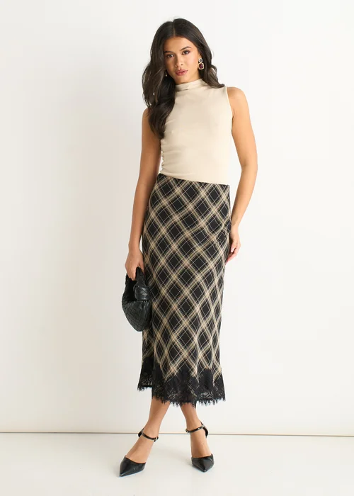 Gini London Navy Mono Check Contrast Lace Bias Skirt - 14 Image 2