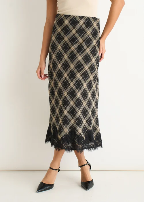 Gini London Navy Mono Check Contrast Lace Bias Skirt - 14 Image 4