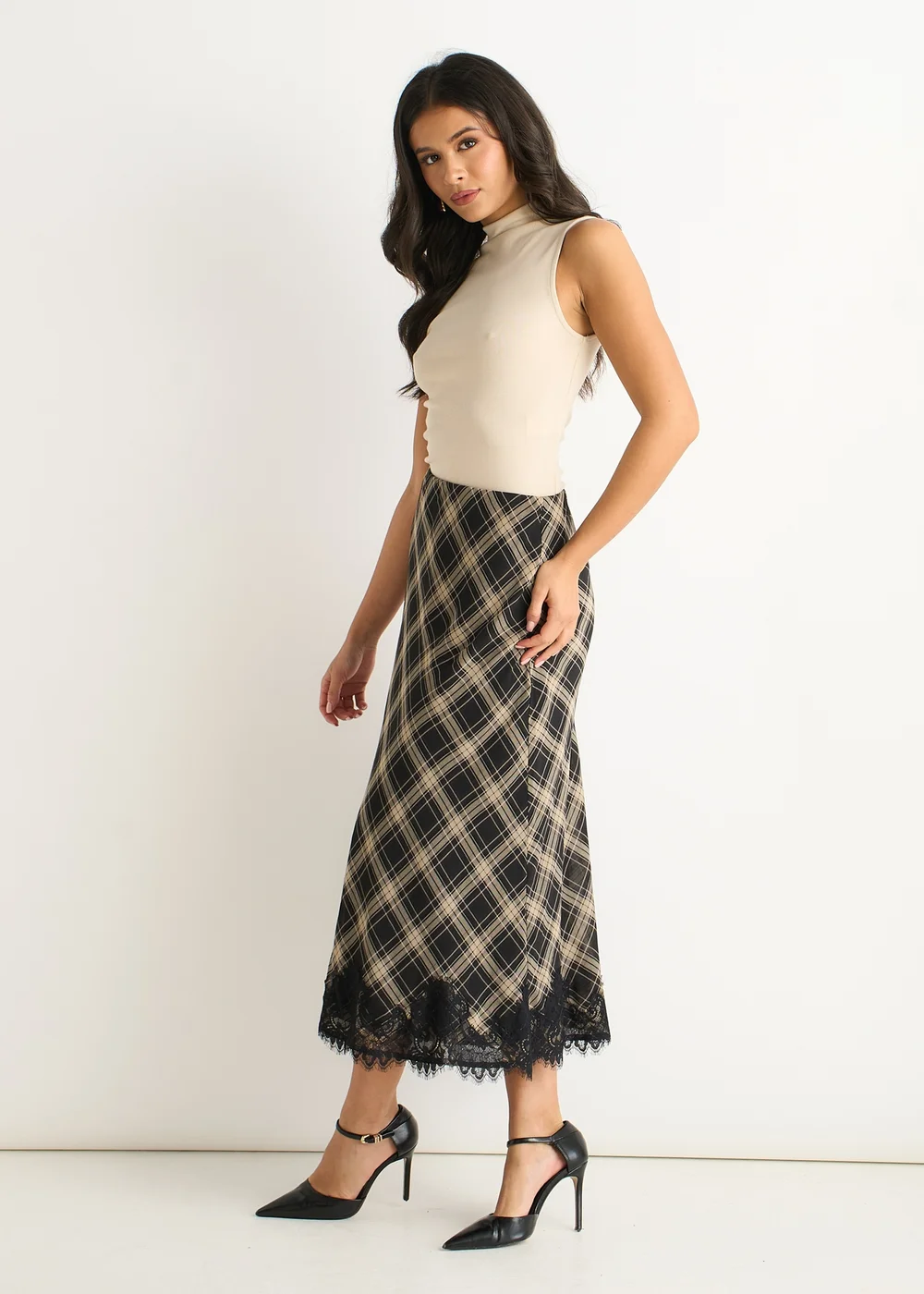 Gini London Navy Mono Check Contrast Lace Bias Skirt - 14 Image 5