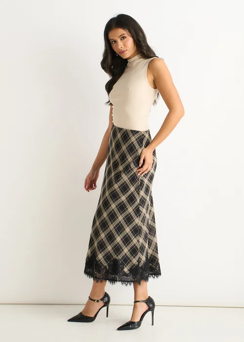 Gini London Navy Mono Check Contrast Lace Bias Skirt - 14 Image 5