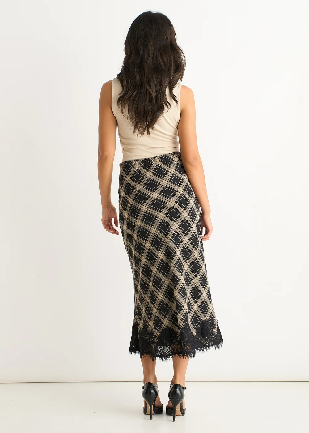 Gini London Navy Mono Check Contrast Lace Bias Skirt - 14 Image 3