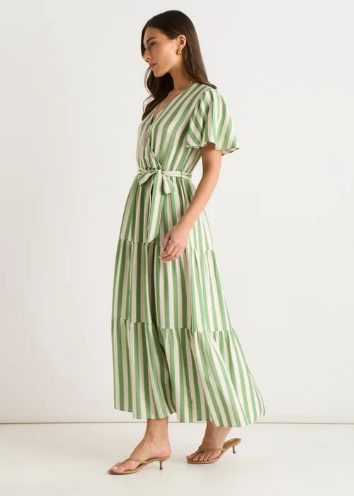 Gini London Sage Green Stripe Wrap Belted Viscose Midi Dress - 10 Image 4
