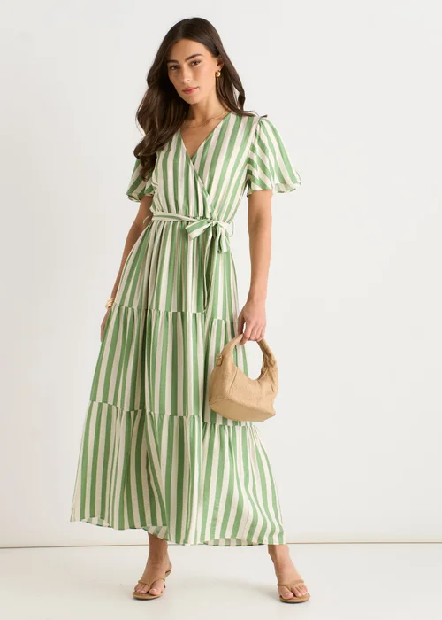 Gini London Sage Green Stripe Wrap Belted Viscose Midi Dress - 10 Image 1