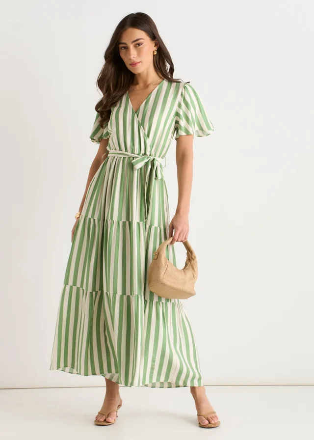 Gini London Sage Green Stripe Wrap Belted Viscose Midi Dress