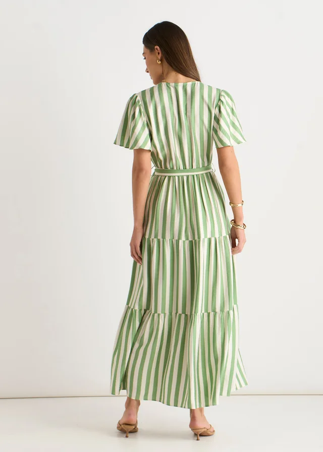 Gini London Sage Green Stripe Wrap Belted Viscose Midi Dress