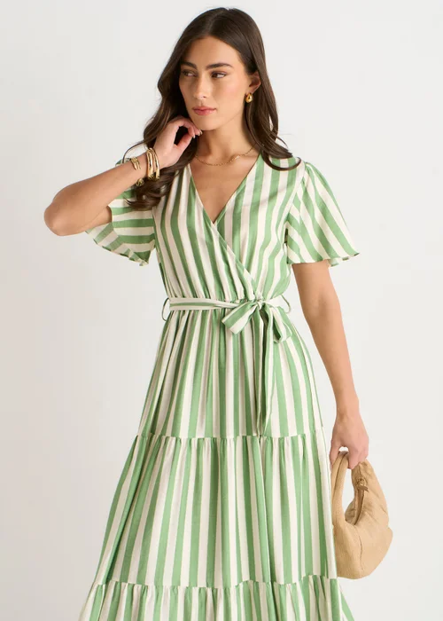 Gini London Sage Green Stripe Wrap Belted Viscose Midi Dress - 10 Image 3