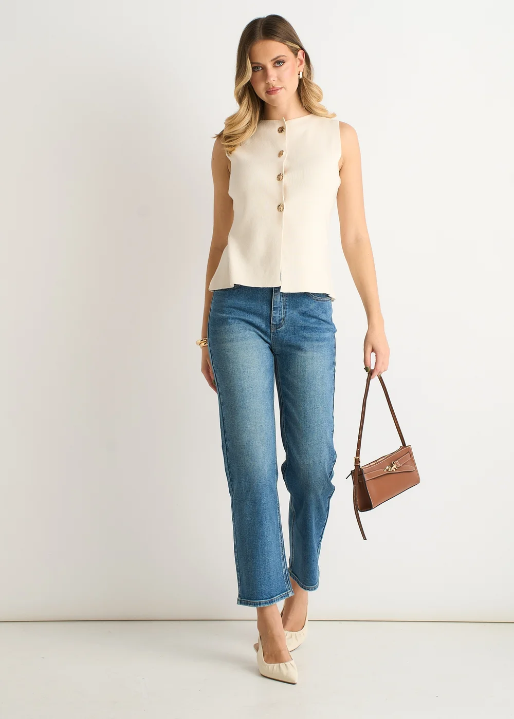 Gini London Off White Button Front Compact Knit Waistcoat - L/XL Image 1