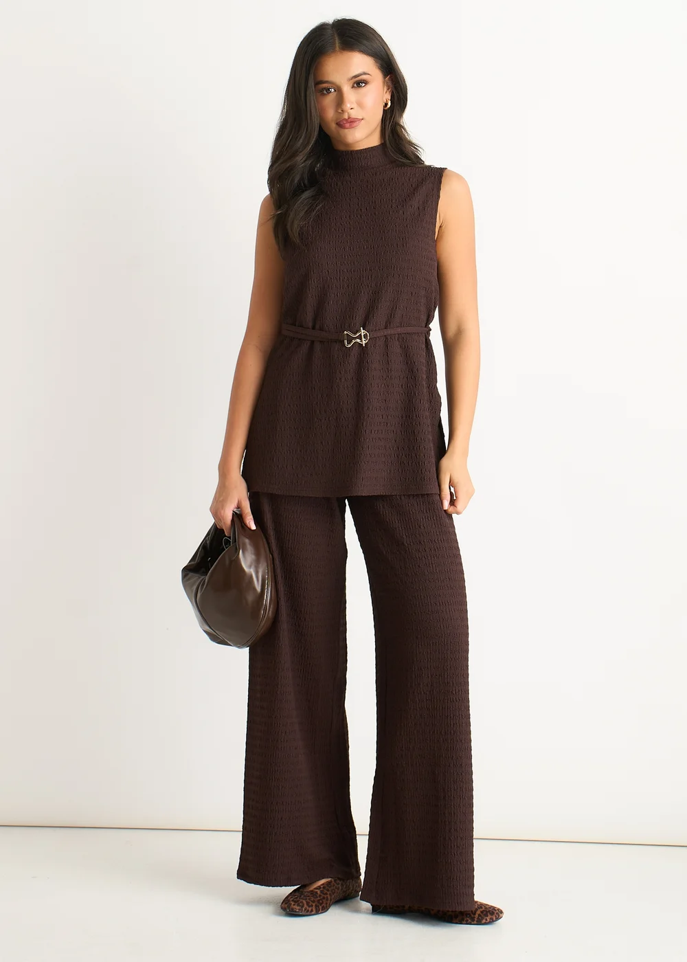 Gini London Chocolate Funnel Neck Textured Jersey Tabard Top - S/M Image 1