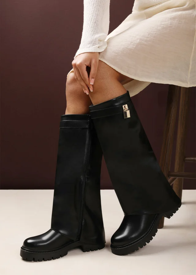 Where's That From Brescia Fold-Over Knee-High Chunky-Sole Black PU Boots
