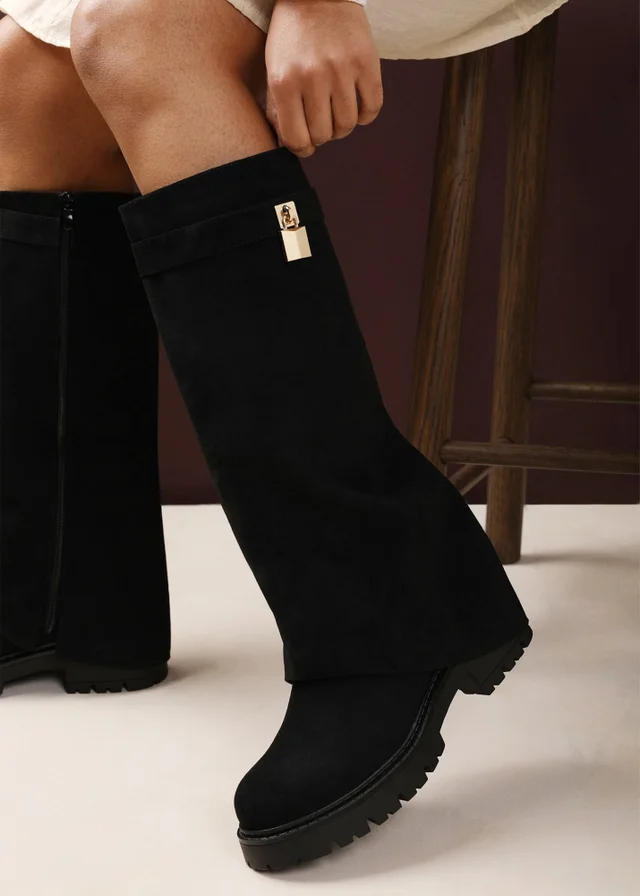 Where's That From Brescia Fold-Over Knee-High Chunky-Sole Black Faux Suede Boots
