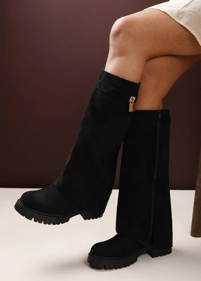 Where's That From Brescia Fold-Over Knee-High Chunky-Sole Black Faux Suede Boots